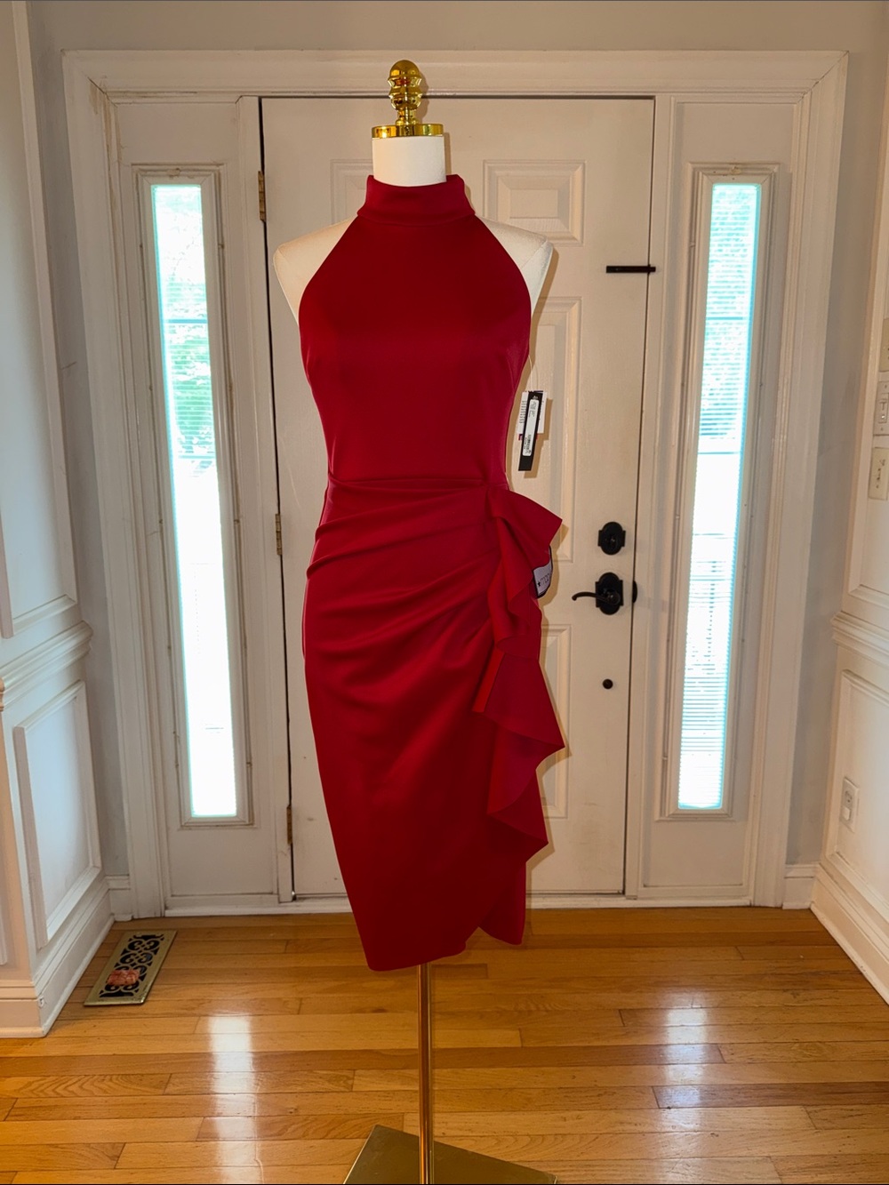 Xscape Red Halter Midi Dress with Side Ruffle ONE SMALL SNAG ON FRONT